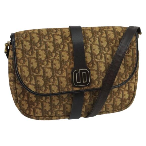 DIOR Trotter Canvas Shoulder Bag Beige Dark Brown Gold - Picture 1 of 12